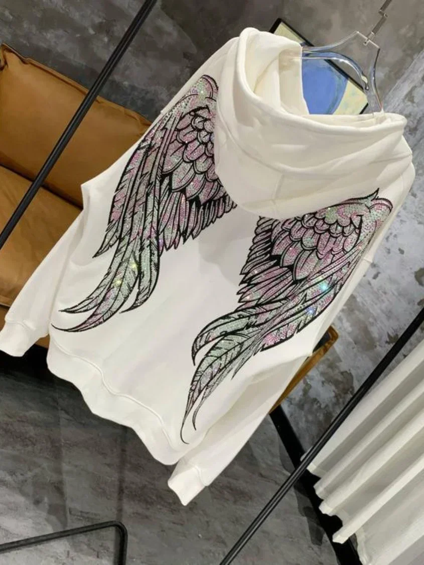 Autumn New White Hooded Sweatshirts Women\'s Bear Hot Rhinestone Full Diamond Fashion Brand Big Wings Casual Long Sleeve Hoody