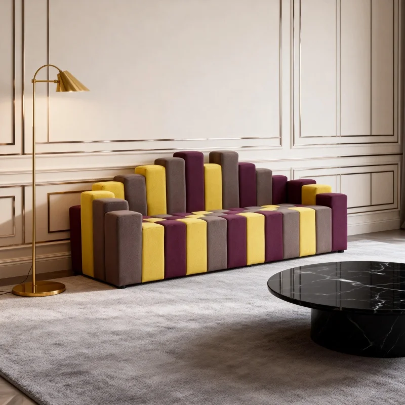 Italian Luxury Piano Keys Tufted Extendable Modular Velvet Sofa Set with Wooden Frame 3 Seats Apartment Hotel Villa Lobby
