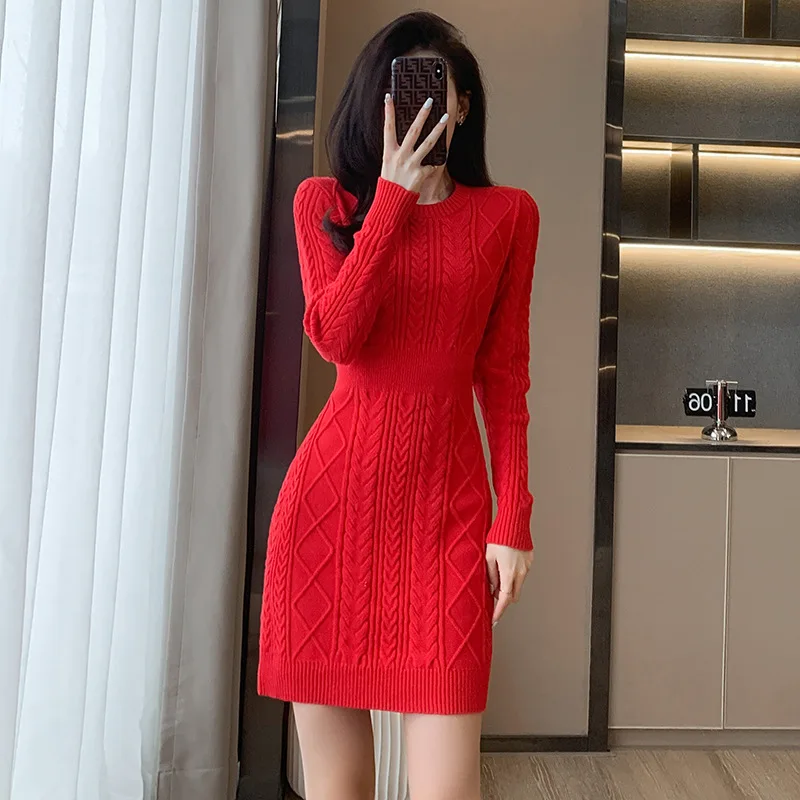 

Socialite Xiaoxiang Wind New Year's Gown Temperament High-grade Christmas Red Knitted Bottom Sweater Dress Dress for Women