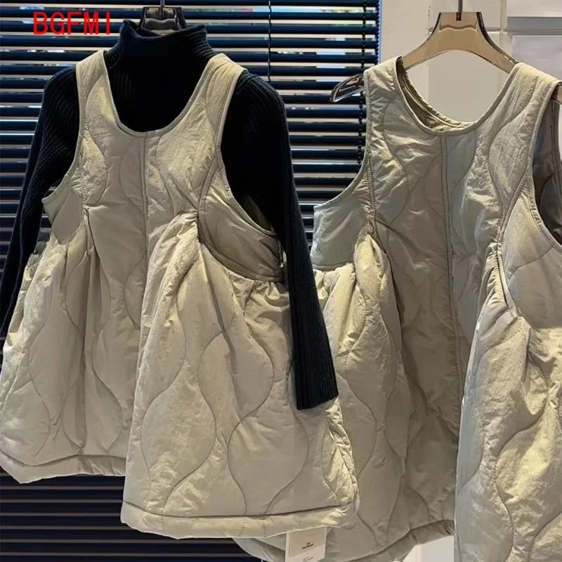 Winter Teenager Girls Khaki Korean Loose Simple Quilted Tank Top Dresses Children's Fashion Casual Round Neck Princess Dress