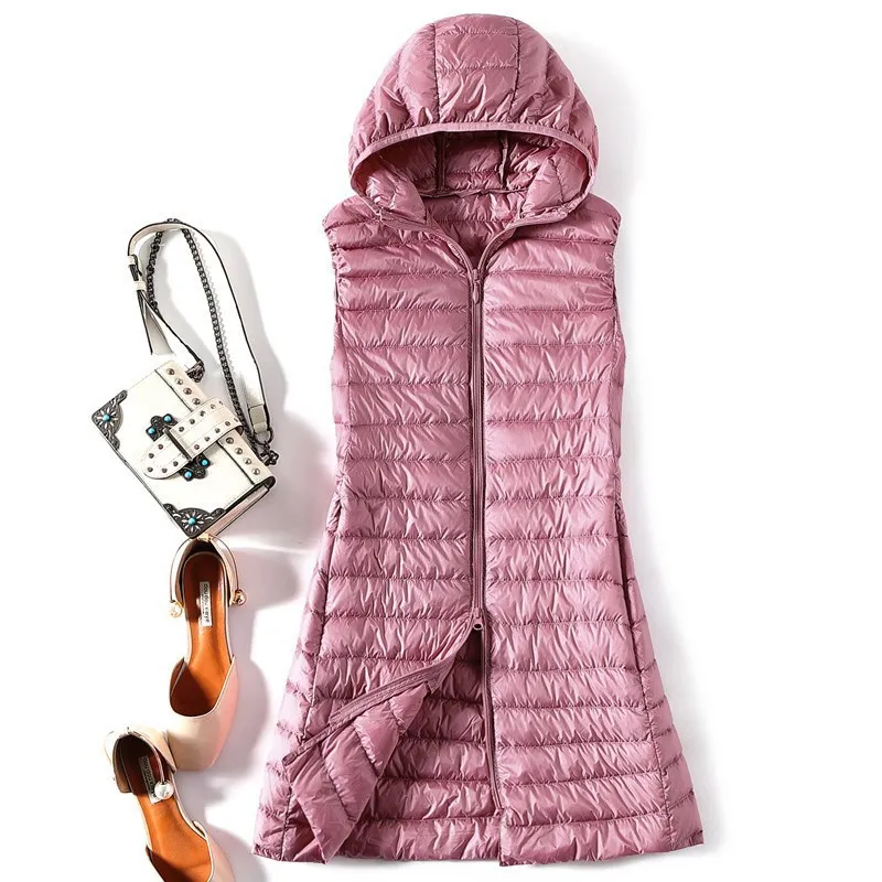 Women's Lightweight Slim Down Vest Hooded Long Portable Sleeve Puffer Jacket Winter Coat Fashion  двухсторонняя куртка VT-346