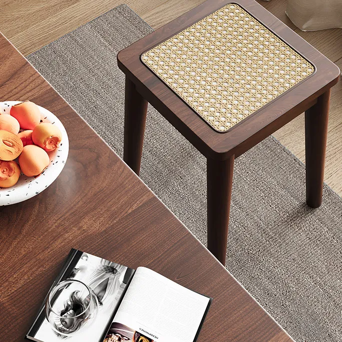 Solid wood rattan stool medium antique retro home stackable log square restaurant spare makeup dressing stool