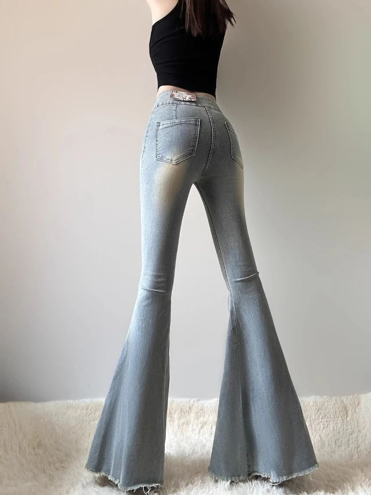 

Trendy High Waist Flare Pants Women Bootcut Denim Trousers Slimming Ripped Hem Bell Bottom Vintage Style