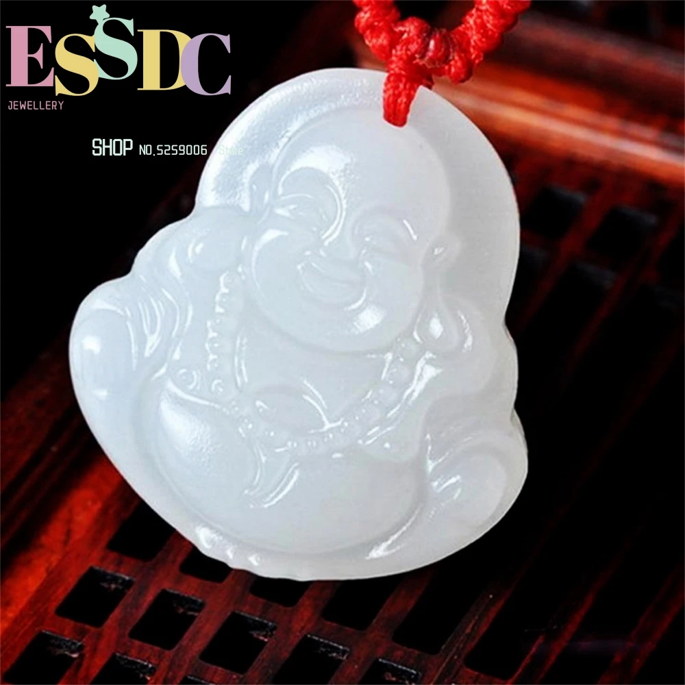 Natural Fine Jewelry White Jade Carved Buddha GuanYin Pendant Silk Necklace for Women Men Amulet Stone Lucky Pendulum Healing