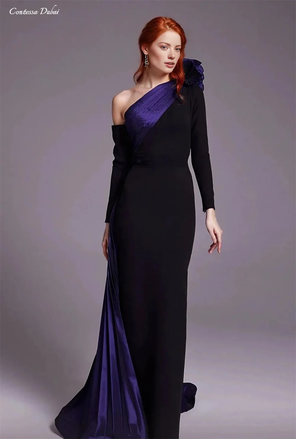 Contessa personnalisé une épaule à manches longues robe de soirée noir violet plissé Train robe formelle élégante robe de soirée de bal pour les femmes