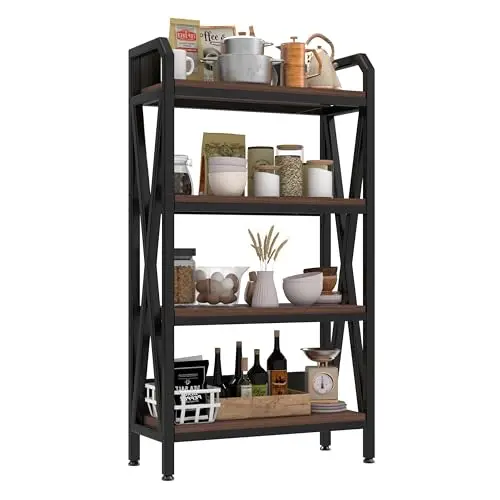 56.30” Tall Bakers Rack, 4-Tier Metal and Wood Storage Shelves, Kitchen Pantry Organizer with Adjustable Shelves, for