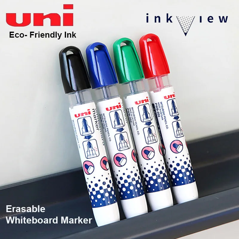 

4pcs Uni WhiteBoard Marker Set with Ink Viewing Window, Premium PWB-202 Easily Erase Clean Marking Pen Original Japan Stationery
