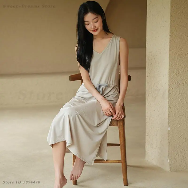 

Modal Long Nightgown Sexy V-Neck Home Dress Summer Sleeveless Vest Nightdress Soft Casual Sleepwear Lingerie Loose Loungewear