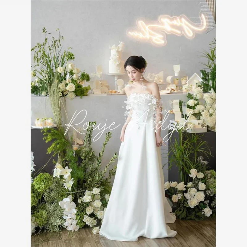 

French Style Simple Mori Dress Satin Light Wedding Dress Heavy Embroidery Floral Bride Toast Dress for Women