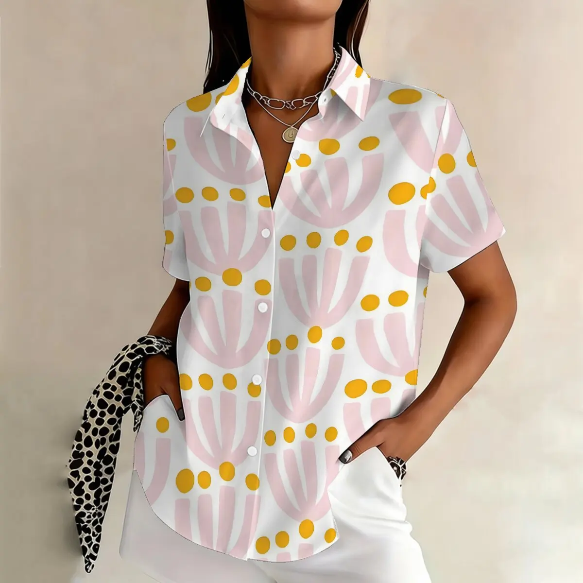 

Summer women's plus size short-sleeved printed shirt, romantic, loose, flowy, suitable for vacations and dates, slimming top