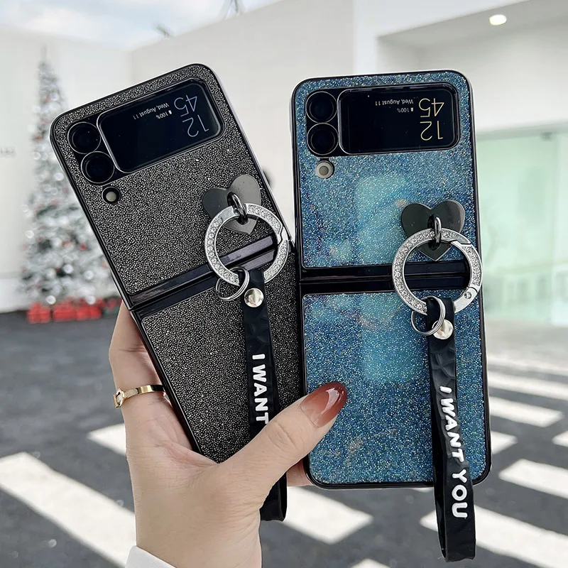 Flip Glitter Phone Case For Samsung Galaxy Z Flip Fold 5 4 3 Z Rhinestone Ring Holder Case Foldable Phone Cover With Wrist Strap