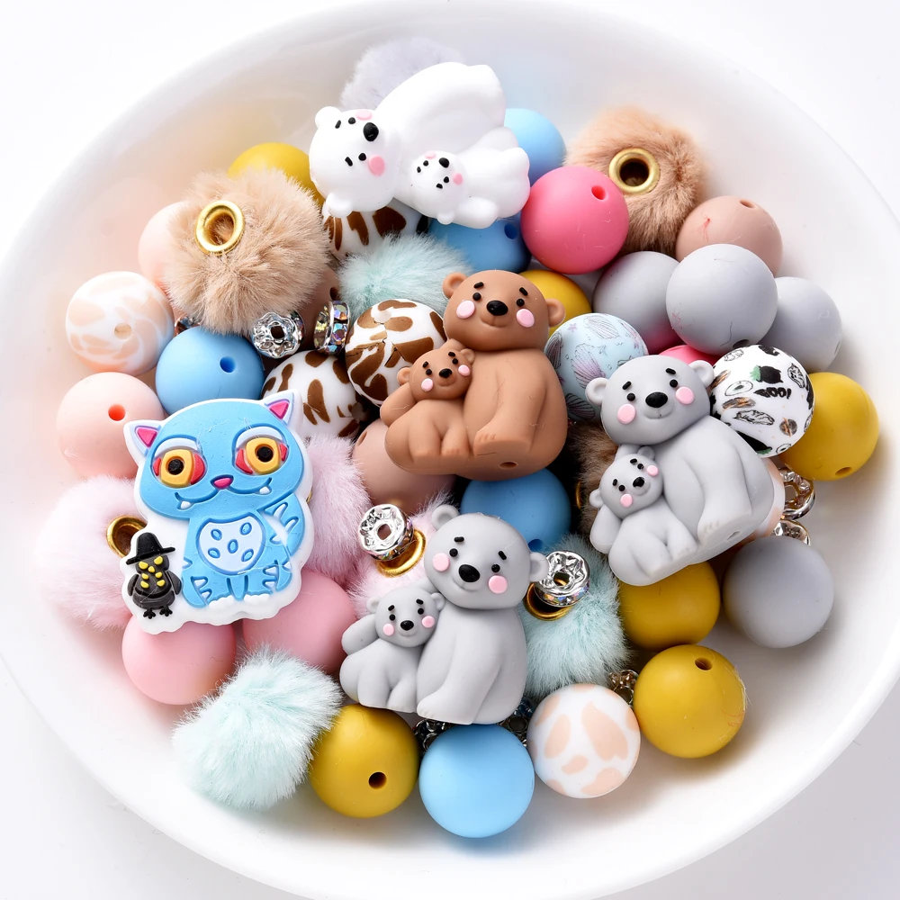 33Pcs Silicone Beads Set Round Polar Bear&Cat Shape Teether Beads for DIY Baby Pacifier Chains Jewelry Accessories BPA Free