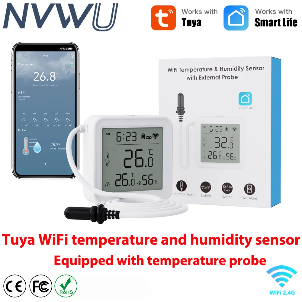 مستشعر درجة الحرارة والرطوبة Tuya WiFi مع مقياس حرارة منزلي ذكي بمسبار خارجي متوافق مع SmartLife، للثلاجة