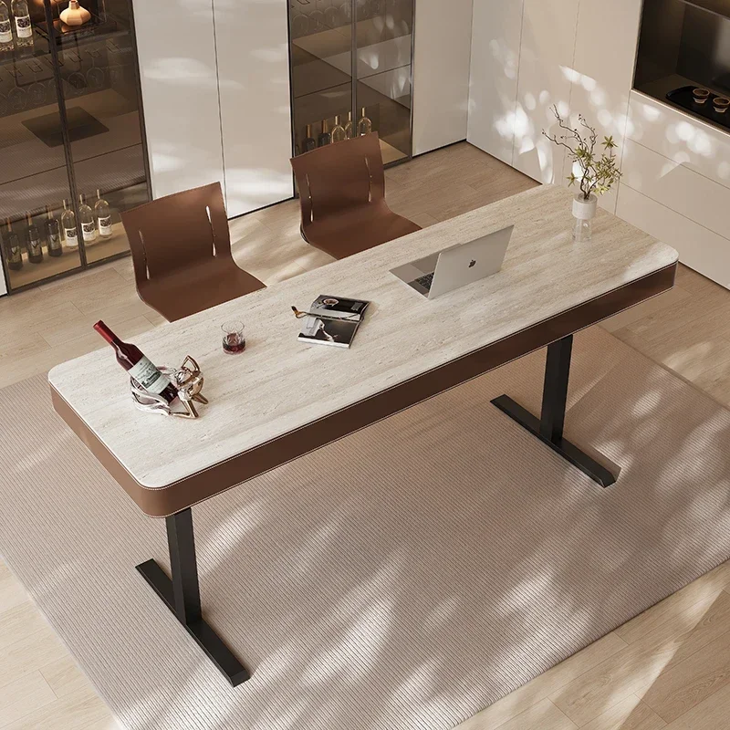 French retro travertine rock slab electric lifting bar table household computer desk office writing double motor lifting table