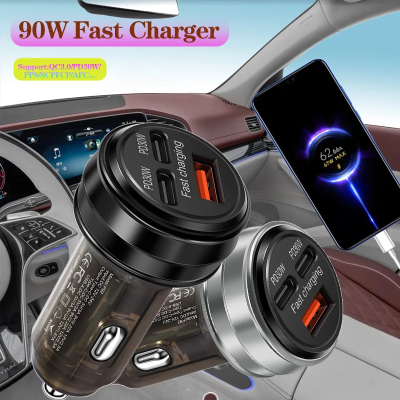 90W 3 Port Car Charger Super Fast Charger QC3.0 PD30W PPS High-Power Cigarette Lighter Fast Charger for iPhone/Huawei/Samsung