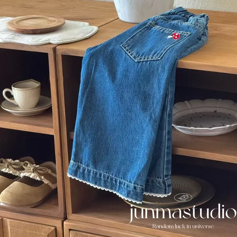 

Spring and Autumn Children's Pant Fashion New Style Girls' Mushroom Embroidered Straight Leg Pants Jeans Trousers