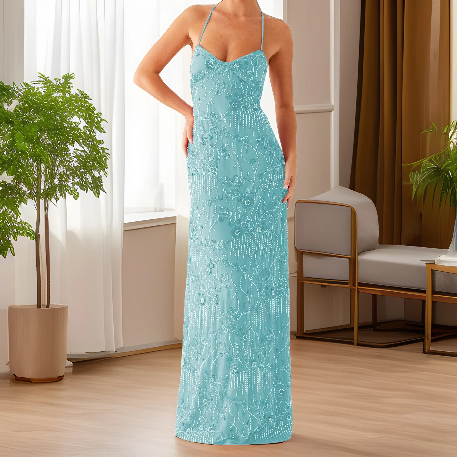 ใหม่แฟชั่นผู้หญิงชุดยาวดอกไม้เย็บปักถักร้อยแขนกุด Cami ฤดูร้อน CROSS Backless สปาเก็ตตี้ชุด S M L