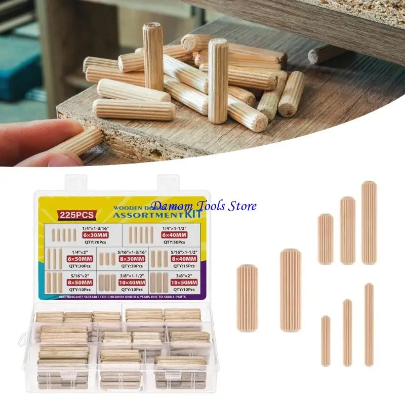 57BE 225Pcs Round Woodworking Dowel Craft Dowel 6/8/10mm Furniture Fitting Dowel Pin Easy to Use