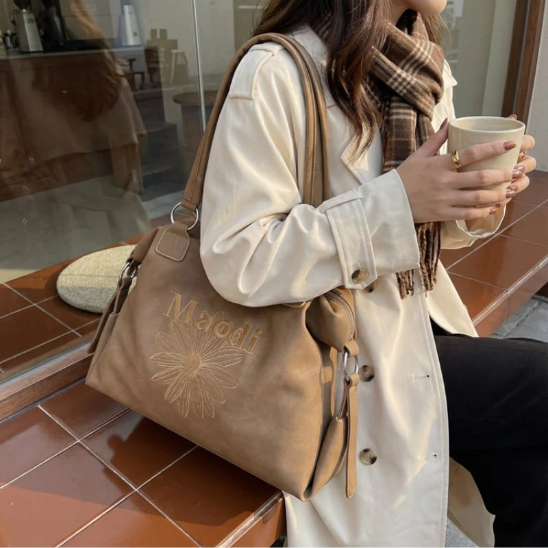Multi-purpose Suede Shoulder Bag with Embroidery Detail for Women's Everyday School Office Casual Weekend Errands & Daily Use