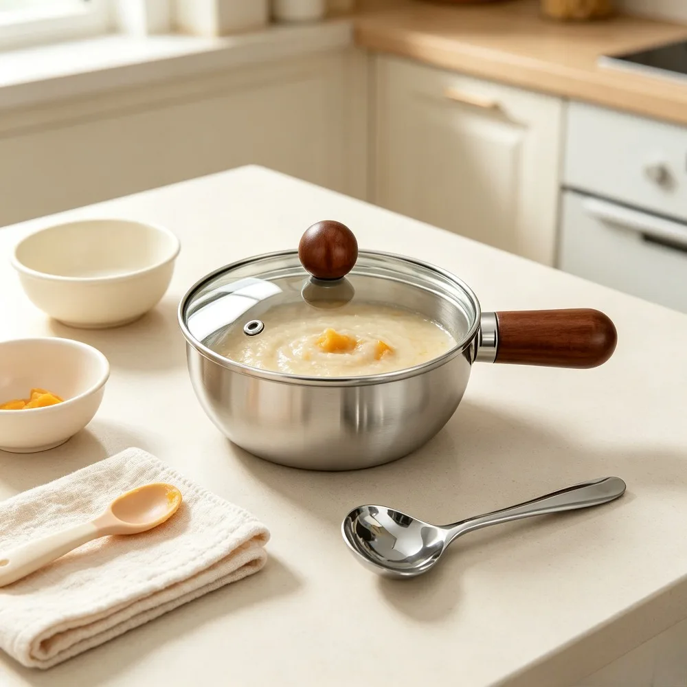 Wooden Handle Stainless Steel Saucepan Set with Lid Spoon Mini Ramen Milk Baby Food Pot Induction Camping Breakfast Cookware