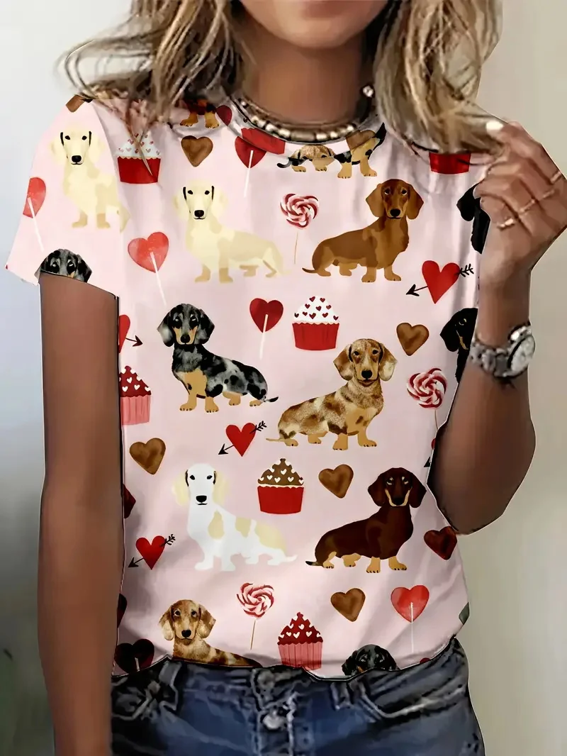 Heart Print Crew Neck T-Shirt For Women Casual Short Sleeve Leopard Love Tshirts Top Women's Ladies Valentine's Day T Shirt