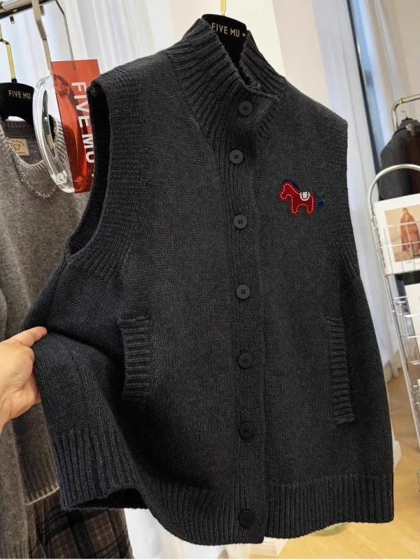 

Мужской вязаный жилет оверсайз из полиэстера с воротником-стойкой в корейском стиле, теплый, для ранней весны