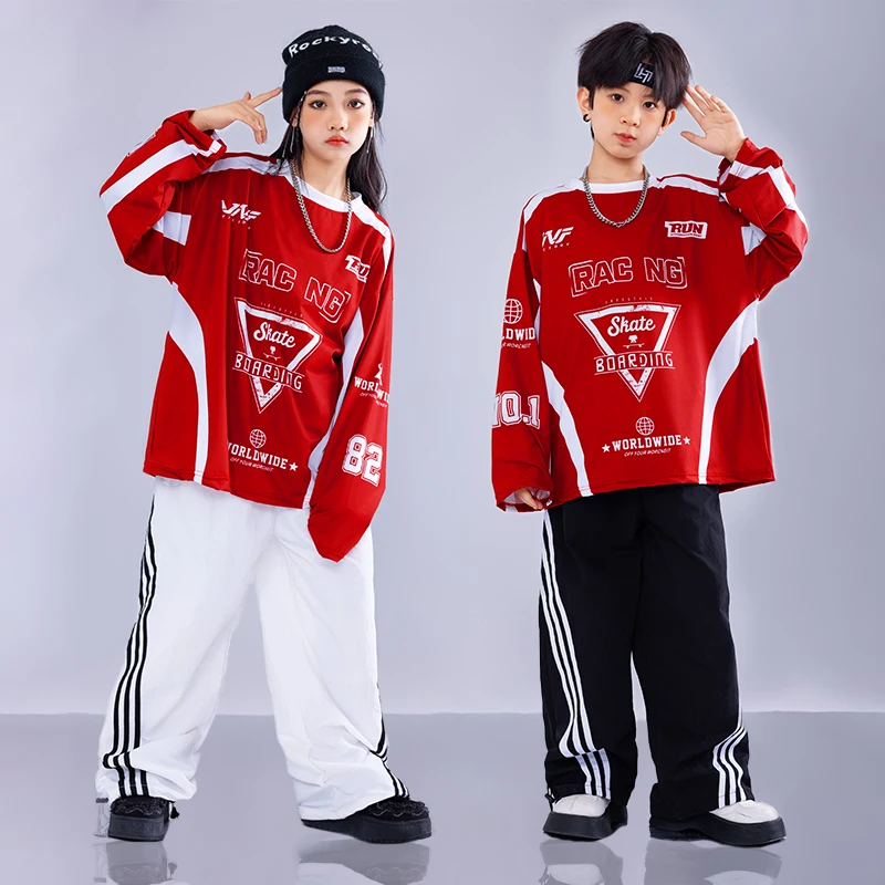 

Boys Streetwear Street Dance Red Oversize Sweatshirt Girls Hip Hop Cool Clothes Sets Kids Jazz Denim Pants Outfits Costumes