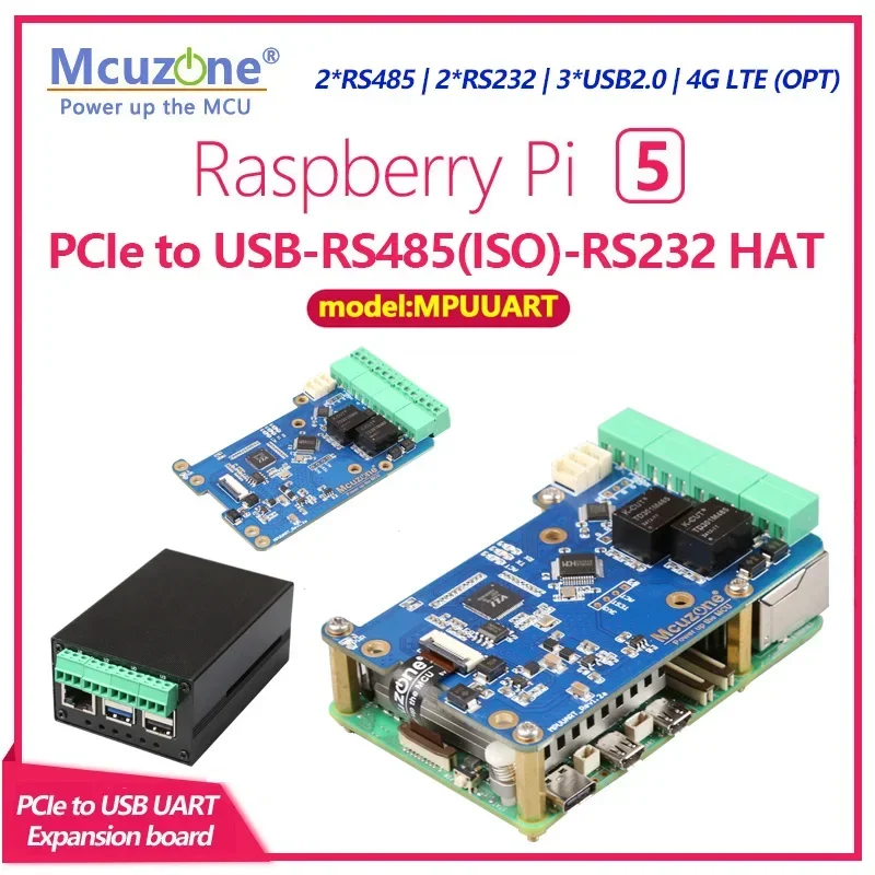 

MPUUART Raspberry Pi 5 PCIe to USB UART HAT,RS485 ISO,RS232,USB2.0,4G LTE modle