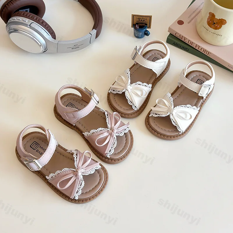 

Girl Lace Sandals 2025 Summer New Beach Sandals Children Fashion PU Leather Sandal Bowknot Kids Causal Princess Flat Shoes