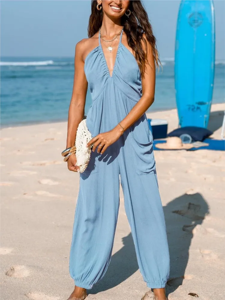 

Summer Sexy Deep V Halterneck Sleeveless Jumpsuit 2024 For Women Casual Ankle Length Jumpsuit Female Fashion Korean Trousers