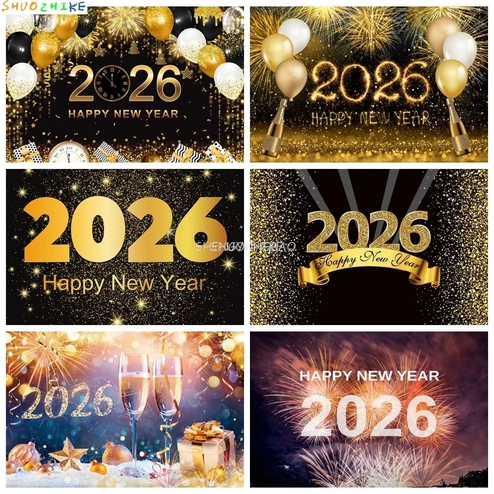 

Black Gold Happy New Year Backdrop 2026 New Year's Eve Family Party Photography Background Banner Photo Studio Photobooth Props