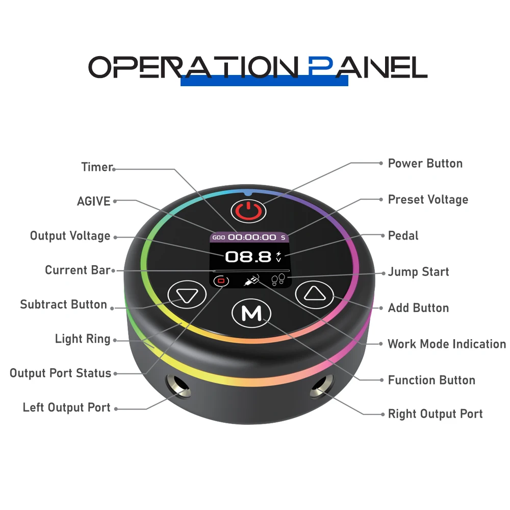 Maszyny do tatuażu Okrągły zasilacz LED do tatuażu z adapterem do tatuażu obrotowego i cewki Cyfrowy wyświetlacz Zasilanie z ekranem dotykowym
