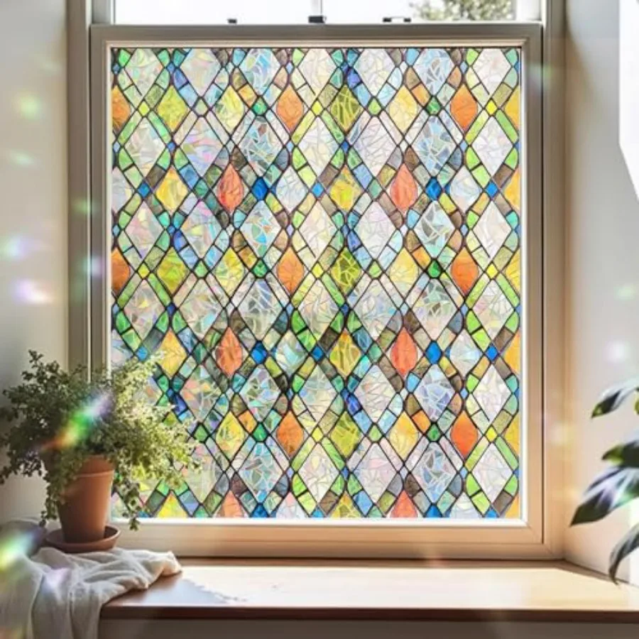 Window Privacy Film, Stained Glass Decorative Static Cling, Removable Laser Sun Blocking Vinyl Covering, Window Film for Home K