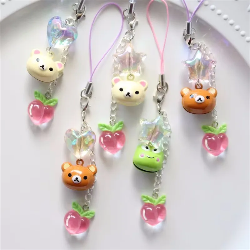 New Kawaii Peach Bell Phone Charm Creativity Keychain Accessories Frog Bear Phone Chain Star  Peach Heart-shaped Phone Pendant