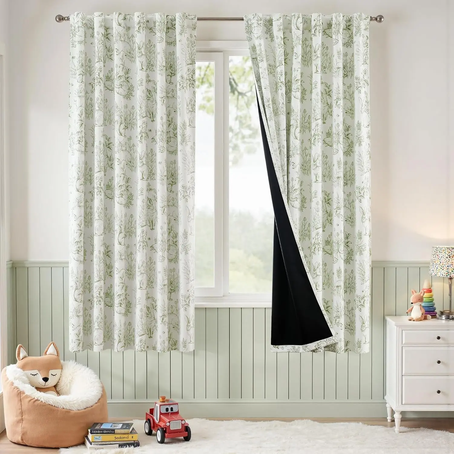 

Blackout Nursery Curtains 72 Inches Long, Bunny Woodland Toile Curtains Sage Green on Beige Animal Printed Drapes for Be