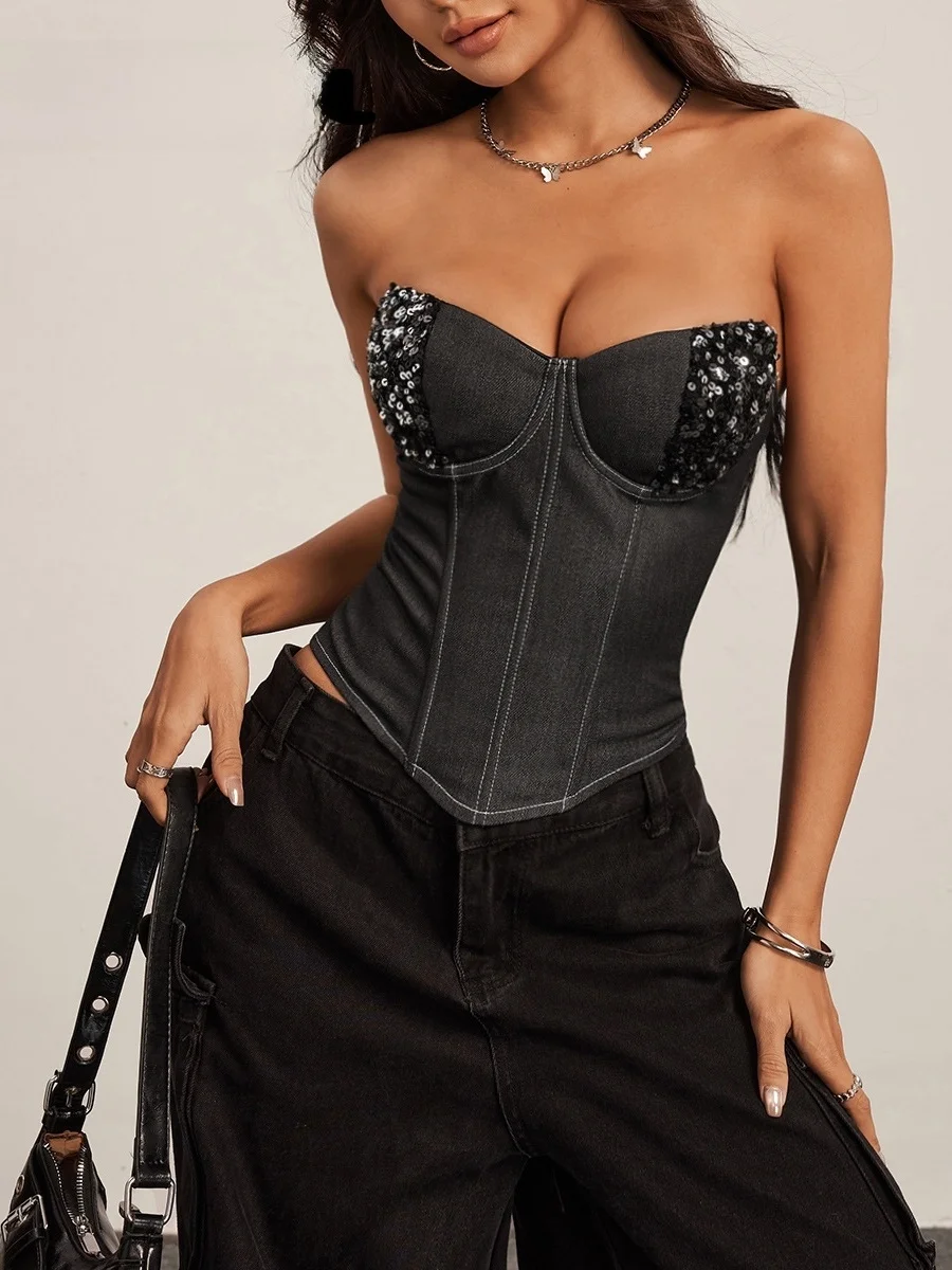 Sexy Tube Top Denim Steel Ring Outerwear Women's Camisole Backless Trendy Girl Strap Vest Tube Bra Short Length  Color