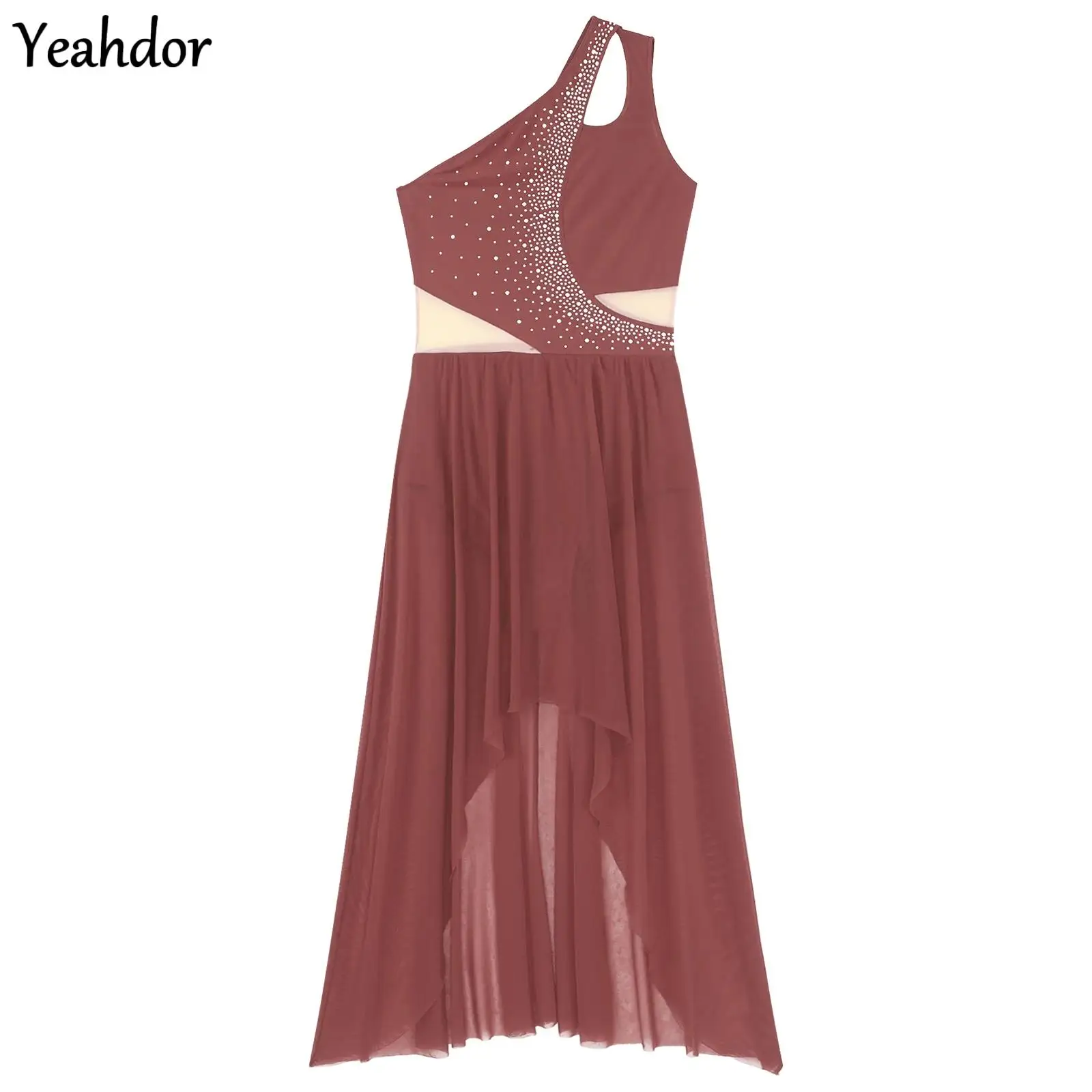 

Women Ballet Lyrical Dance Dress Leotard One Shoulder Sleeveless High-Low Rhinestones Modern Gymnastics Figure Skating Dancewear