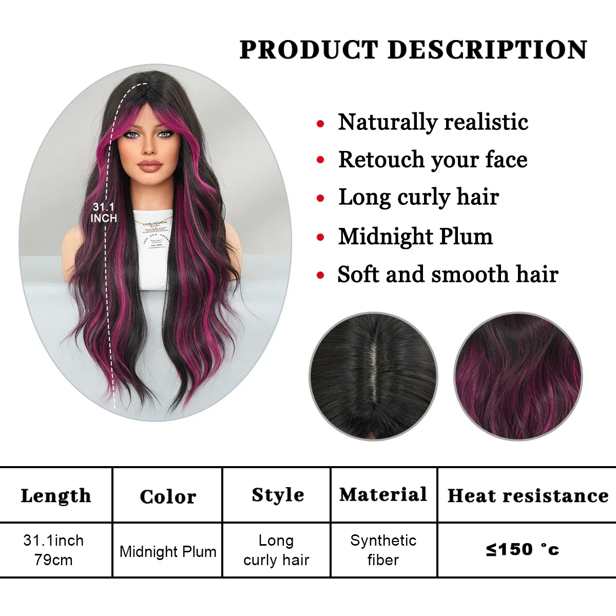 PARK YUN Long Wave Deep Purple Highlight Black Wigs for Women Daily Party Use High Density Fluffy Layered Synthetic Hair Wig