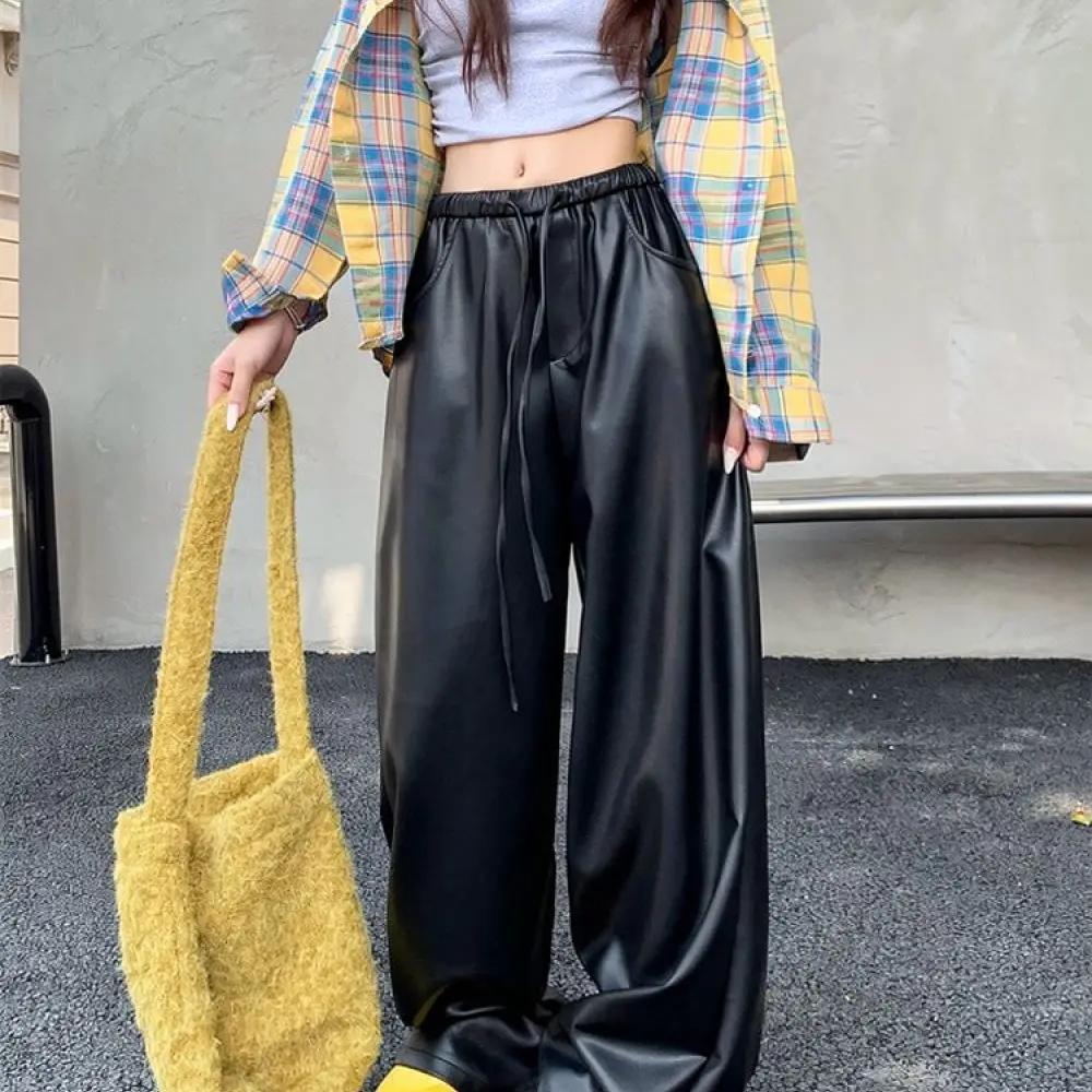 Womens Pu Leather Pants High Waist Wide Leg Trousers Straight Loose Fit Comfortable Casual Autumn Winter Trendy Style