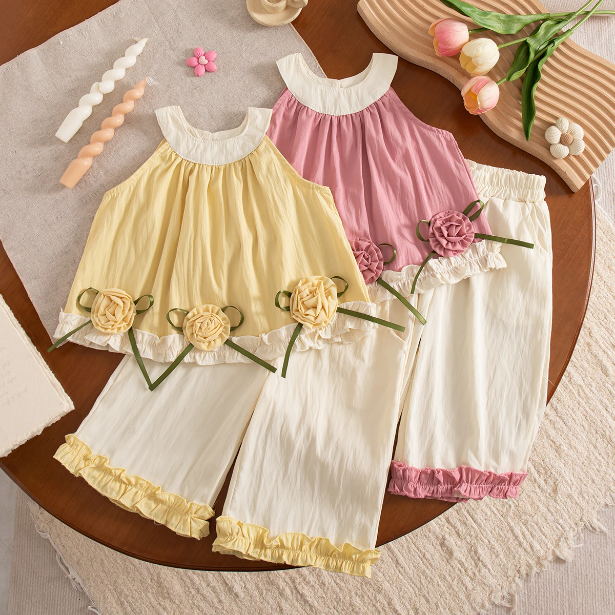 2pc/Set Baby Girl Set Summer Flower Cute Sleeveless Top Pants Girls' Clothing Sweet Beach Baby Set