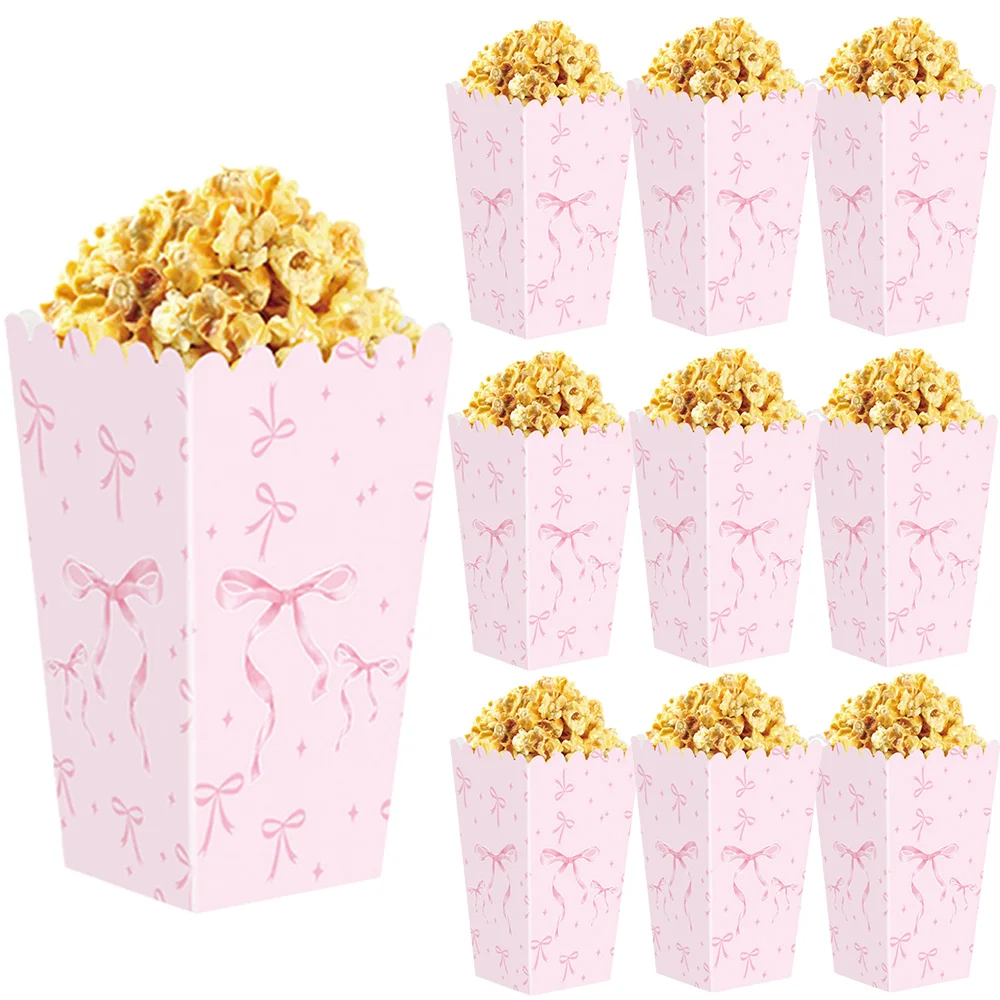Cajas de palomitas de maíz con lazo, cajas de palomitas de maíz con patrón de coqueta rosa, contenedores de dulces de palomitas de maíz de papel para fiesta con lazo para cumpleaños, despedida de soltera, 10 Uds.