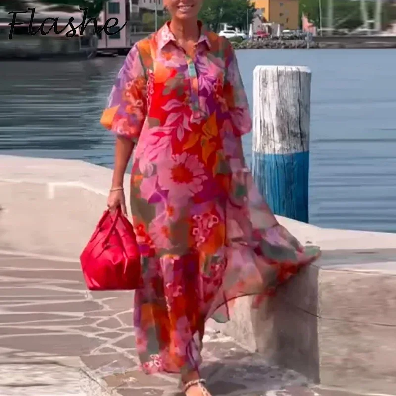 Letnie sukienki w stylu bohemy dla kobiet Sukienka długa z nadrukiem kwiatowym Sukienki w stylu boho na wakacje na plaży Casualowa sukienka z półrękawkiem Luźna sukienka na imprezę