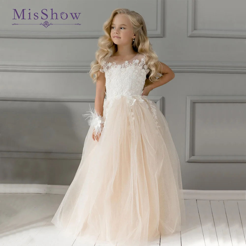 Misshow-Robe de demoiselle d'honneur en dentelle pour enfants, col rond, princesse, première communion, mariage, fête d'anniversaire