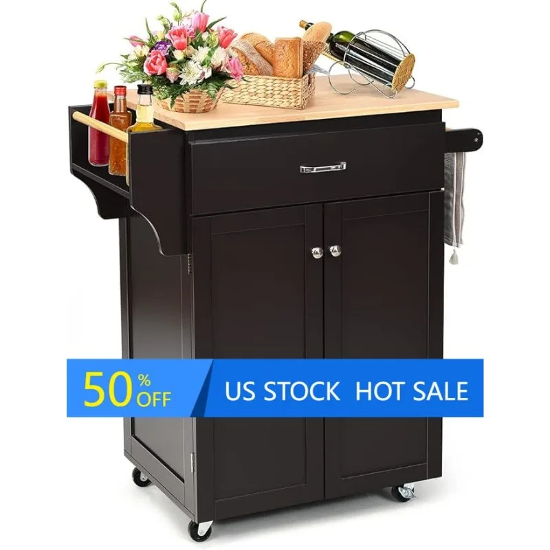 Kitchen Cart with Solid Top, Kitchen Trolley Cart with Drawer, Cabinet, Adjustable Shelf, Spice Rack, Towel Handle