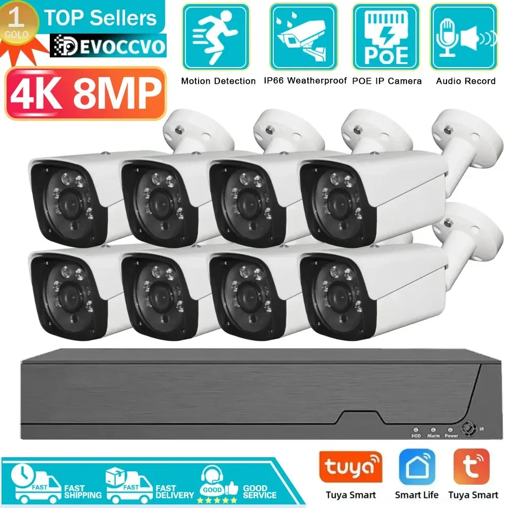 8CH TUYA Network 4K POE Security Camera System Smart Life Home Audio Waterproof Motion Detection 8MP NVR CCTV Surveillance Kit