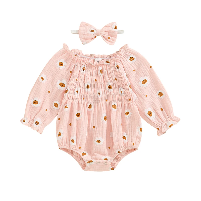 

Baby Girl Fall Outfits Flower Print Shirred Long Ruffle Sleeve Romper Bow Headband Toddler 2 Piece Set