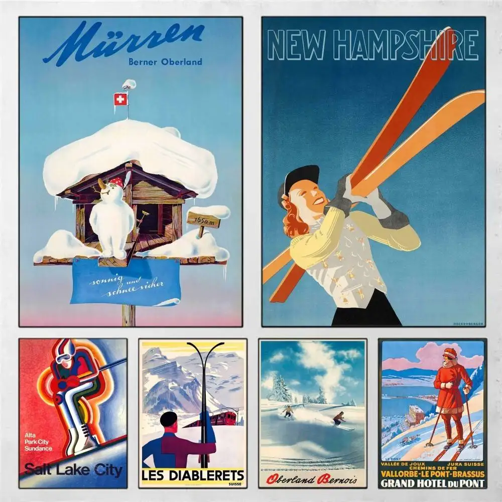 Vintage Ski Mountain Snow Switzerland Bernese Oberland Poster Art With Prints Home Bedroom Living Room Decoration Gift