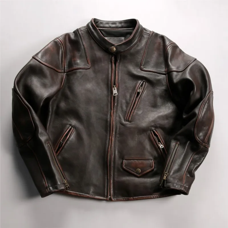 

Yellow cowhide leather men's stand-up collar motorcycle real