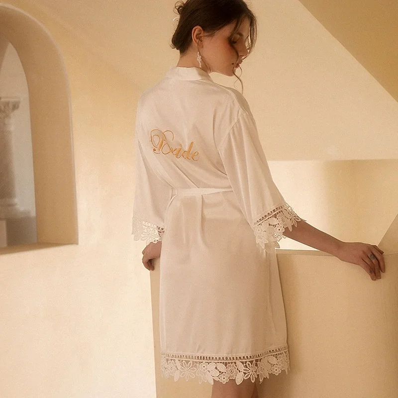 

Sexy Embroidery Wedding Robe Patchwork Lace Kimono Bathrobe Gown Summer New Female Sleepwear Home Dress Loose Casual Loungewear