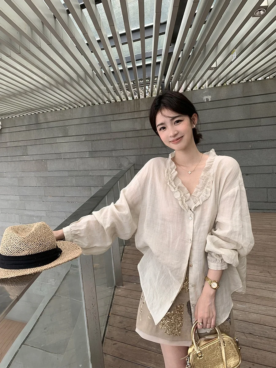 

Женский льняной комплект MUKOK: топ с V-образным вырезом и юбка А-силуэта, весна-лето, модный, с защитой от солнца, стандартная длина рукава